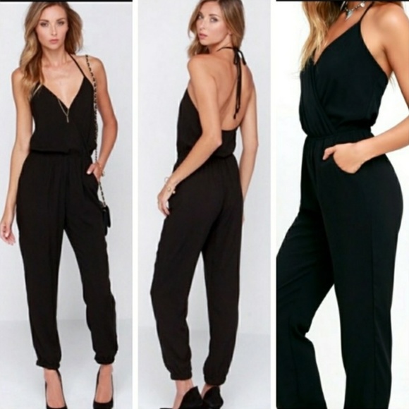 Lulus Pants - Lulus Halter Tie Back Faux Wrap Jumpsuit Black